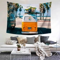 Dettaglio della trama del tessuto di un arazzo con tema surf californiano sulla parete - Van da surf in California (Stile 12) / 100x70cm (Pelle di pesca)