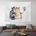 Detail of artistic cat selfie tapestry hanging above a brown leather sofa in a modern room - 4-Watercolour Selfie Cats / 100x70(Peach Skin)