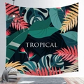 Detail view of tropical leaf tapestry with exotic pink flowers and white TROPICAL text - 100X70 / Peach Skin / Dark Green Tropical (Style 3)