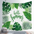Detail showing tropical monstera leaves and Hello Summer text on wall hanging tapestry - 100X70 / Peach Skin / Hello Summer (Style 18)