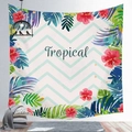 Detail of tropical monstera leaf print tapestry with stylish cursived Tropical lettering - 100X70 / Peach Skin / Off-white Tropical (Style 26)