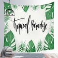 Detail of tropical plant tapestry showing Monstera leaves and Tropical Paradise text - 100X70 / Peach Skin / Fresh White Tropical (Style 27)