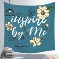 Detail of tropical floral tapestry with inspire by Me text against a blue background - 100X70 / Peach Skin / Inspirational Blue Floral (28)