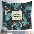 Detail of tropical palm leaf tapestry featuring Welcome Summer text on a white wall - 100X70 / Peach Skin / Welcome Summer Tropical (29)
