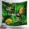 Detail of tropical plant tapestry featuring green leaves, hibiscus flowers and bird of paradise - 100x70cm / Tropical Floral Style (31) / Peach Skin