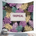 Detail of tropical plant tapestry with monstera leaves and purple Tropical text on black - 100x70cm / Black Multicolor Leaves (33) / Peach Skin