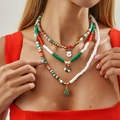 Collar navideño de tres capas con cuentas y colgantes de reno y árbol esmaltado - Estilo Alce Guirnalda Árbol Navidad / Dorado-06758
