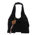 Minimalist black suede tote bag with large bow and cute brown bear keychain accessory - With Bear Pendant Version / Black