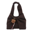 Dark brown suede tote bag with large bow design, knotted handle and cute bear charm - With Bear Pendant Version / Coffee