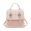 Pink and beige checkered mini backpack with silver star buckles and adjustable straps - Pink