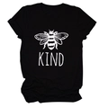 Close-up of Bee Kind white graphic print on casual black short sleeve cotton t-shirt - S / Black (White Font)