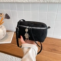 Black suede crossbody camera bag with silver robot charm and adjustable shoulder strap - Black