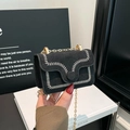 Chic black faux suede underarm bag with white leaf embroidery and gold chain strap - Black