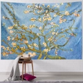 Detailed view of Van Gogh Almond Blossom tapestry on white brick wall with cozy decor - Almond Blossoms (4) / 100x70 Peach Skin