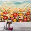 Arazzo artistico con prato fiorito dipinto a olio su una parete di mattoni bianchi - Fiori Materici (6)