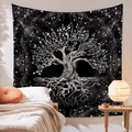 Arazzo bohémien Albero della Vita con motivi argentati su tessuto poliestere nero - Albero della vita (1) / 100x70cm (Pelle di pesca)