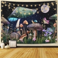 Arazzo bohémien con foresta di funghi fantasy sotto la luna piena per decoro pareti - Foresta di Funghi Fantastici (2) / 100x70cm (Pelle di pesca)