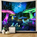 Dettaglio di arazzo bohémien con foresta di funghi magici e cielo notturno stellato sul muro - Fungo della Foresta Onirica (9) / 100x70cm / Blu scuro