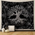 Dettaglio dell'arazzo dell'albero della vita con motivo cielo stellato bianco e nero - Albero della Vita / 100x70cm (Tessuto Pelle di Pesca)