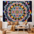 Macro detail of psychedelic mushroom mandala tapestry showing vibrant patterns and fabric texture - 100x70(Peach Skin) / Psychedelic Mushroom Mandala (Multicolor)