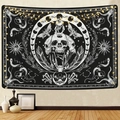 Bohemian gothic tapestry with moon phases, skulls and mystic sun motifs on wall - 100x70(Peach Skin) / Gothic Skeleton Moon Phase Moth (Black & White)
