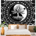 Detail of black and white Tree of Life mandala tapestry hung above a cozy bed with plants - Zen Tree of Life Yin Yang Mandala (Black & White)