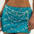 Blue sequin mini skirt paired with layered white pearl waist chain and tassel fringe - Silver (02076)