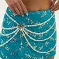 Multi-layer waist chain with white faux pearls and gold metal accents on blue sequin skirt - Gold (02077)