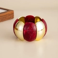 Detailed close-up of wide stretch bracelet with gold metal and red marble resin segments - Metal Resin Patchwork (3012) / Gold & Burgundy