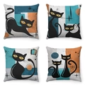 Set of four mid-century modern cartoon cat pillow covers with retro geometric patterns - Vintage Modern Assorted Patterns