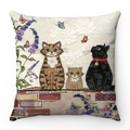 Cartoon cats and purple floral patterns on a soft plush square decorative throw pillow cover - Three Cats Playing with Butterflies Floral Style (Style 7)