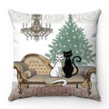 Soft white velvet pillow case featuring artistic black and white cats in a cozy room - Two Cats Cozy Christmas Style (Style-8)