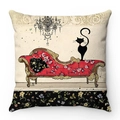Detail of soft velvet pillowcase featuring a vintage black cat illustration on floral bench - Black Cat Red Classic Chair Style (Style-10)
