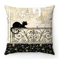 Detail of soft short plush pillowcase with black cat illustration and floral pattern - Black Cat Balcony City View (Style-12)