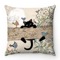 Close-up of soft short plush pillowcase with hand-drawn black cat and colorful birds - Black Cat, Flowers, and Songbirds Pattern (Style 13)