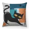 Mid-century modern art cushion cover featuring a black cat and geometric patterns - Single Black Cat Geometric Style (Style-1)