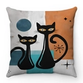 Mid-Century Modern beige cushion cover with black cat silhouette and geometric shapes - Double Cat Geometric Patchwork Style (Style-4)