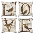 Detail of four vintage linen pillowcases with bird motifs and retro LOVE typography - Vintage Letters Birds (Style-7) / 45*45 Pillowcase