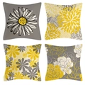 Set di 4 federe in lino con girasoli gialli e motivi floreali grigi per divano - Girasole Giallo Grigio (Stile-17)