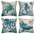 Set di federe in lino con motivi marini come tartaruga, cavalluccio marino e balena - Mappa Nautica Vintage (Stile-19)