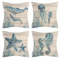 Set di 4 federe per cuscini in lino con motivi marini ad acquerello, balene e meduse - Creature Marine Acquerello (Stile-20)
