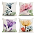 4er-Set Leinen-Kissenbezüge mit X-Ray-Blumenmustern in Blau, Rosa, Violett und Orange - Transparentes Blumenmuster - 8