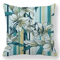 Detail of peach skin pillowcase featuring lily flowers and vintage teal stripes - Striped Pale Yellow Lily