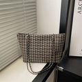 Sac cabas classique en tweed à carreaux avec bandoulière chaîne dorée pour le bureau - Noir