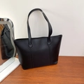 Minimalist black faux leather large tote bag with top handles for daily commute - Black