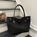 Large capacity black suede tote bag with leather straps and silver metal ring accents - Black