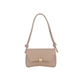 Minimalist beige baguette shoulder bag with wavy base and gold clasp in matte leather finish - Khaki