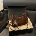 Frosted dark brown chain shoulder bag with silver bow pendant in elegant gift box - Brown
