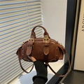 Retro brown leather bowling bag with gold studs and twin handles for women - Brown