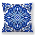 Dettaglio dei motivi geometrici blu della federa per cuscino in tessuto pelle di pesca - Piastrelle Maiolica Blu Scuro (款式-5) / 45*45cm (Senza Anima)